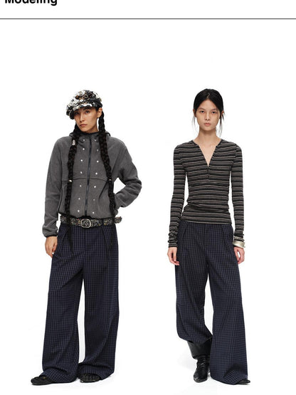 oinimi Deep Navy Plaid Wide Leg Natural Waist Button Closure Casual Pants