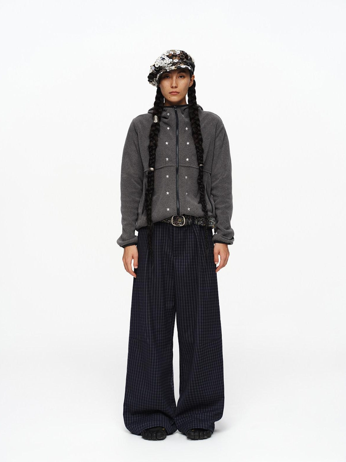 oinimi Deep Navy Plaid Wide Leg Natural Waist Button Closure Casual Pants