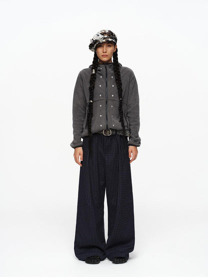 oinimi Deep Navy Plaid Wide Leg Natural Waist Button Closure Casual Pants