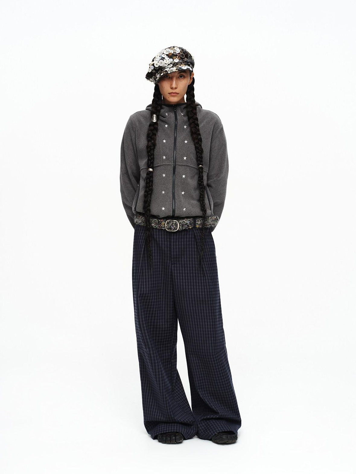 oinimi Deep Navy Plaid Wide Leg Natural Waist Button Closure Casual Pants