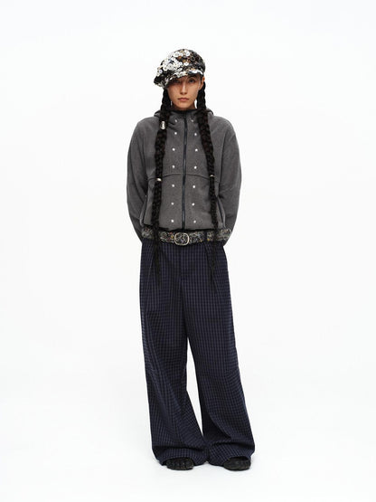 oinimi Deep Navy Plaid Wide Leg Natural Waist Button Closure Casual Pants