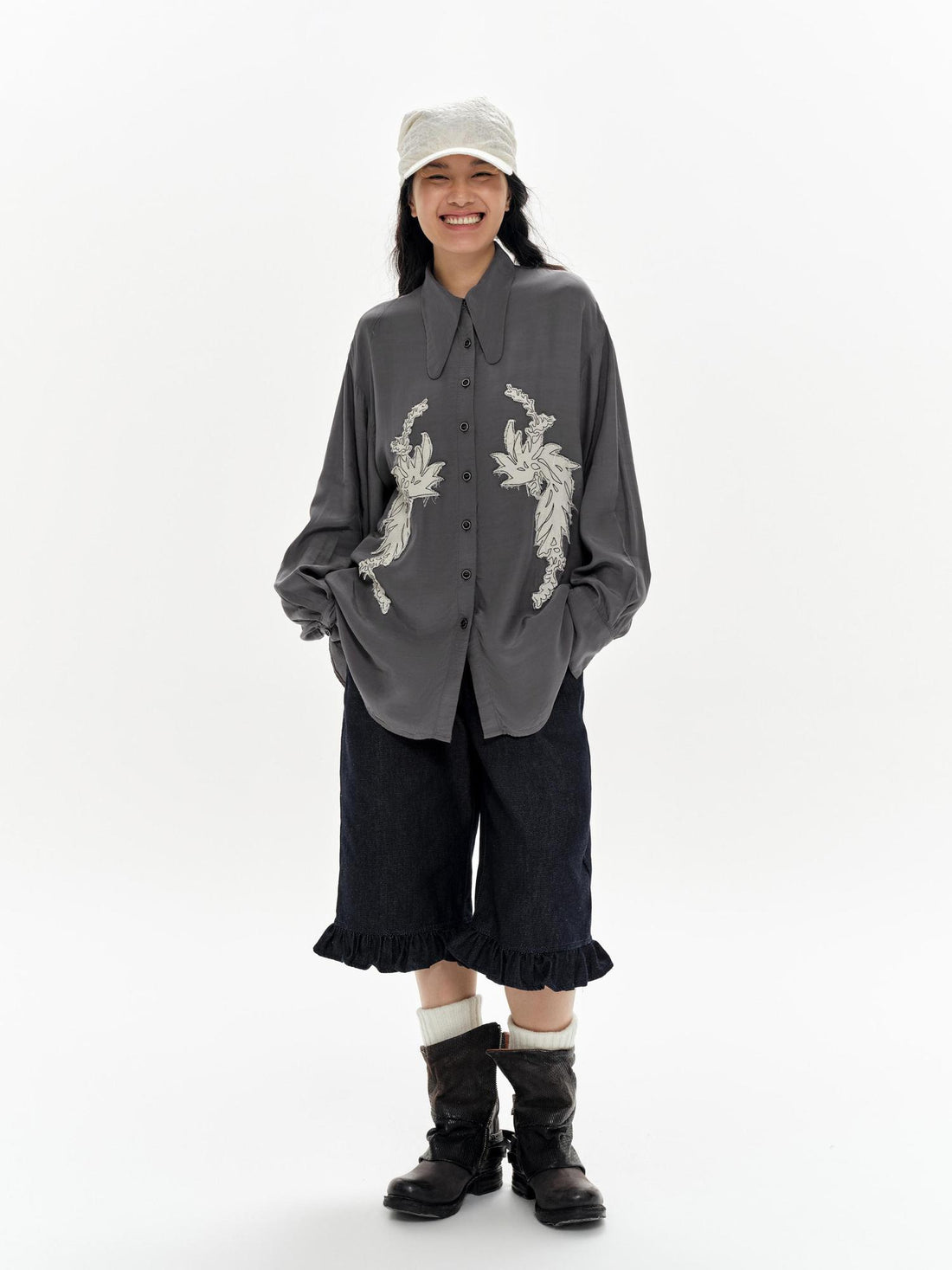 oinimi Denim Blue Ruffled Capri Pants With Playful Buttons