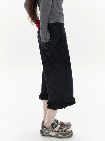 Denim Blue Ruffled Capri Pants With Playful Buttons