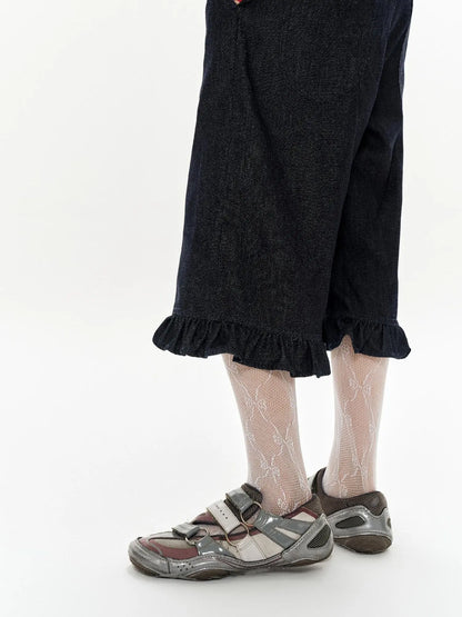 Denim Blue Ruffled Capri Pants With Playful Buttons