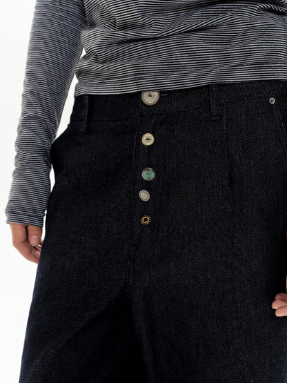 oinimi Denim Blue Ruffled Capri Pants With Playful Buttons