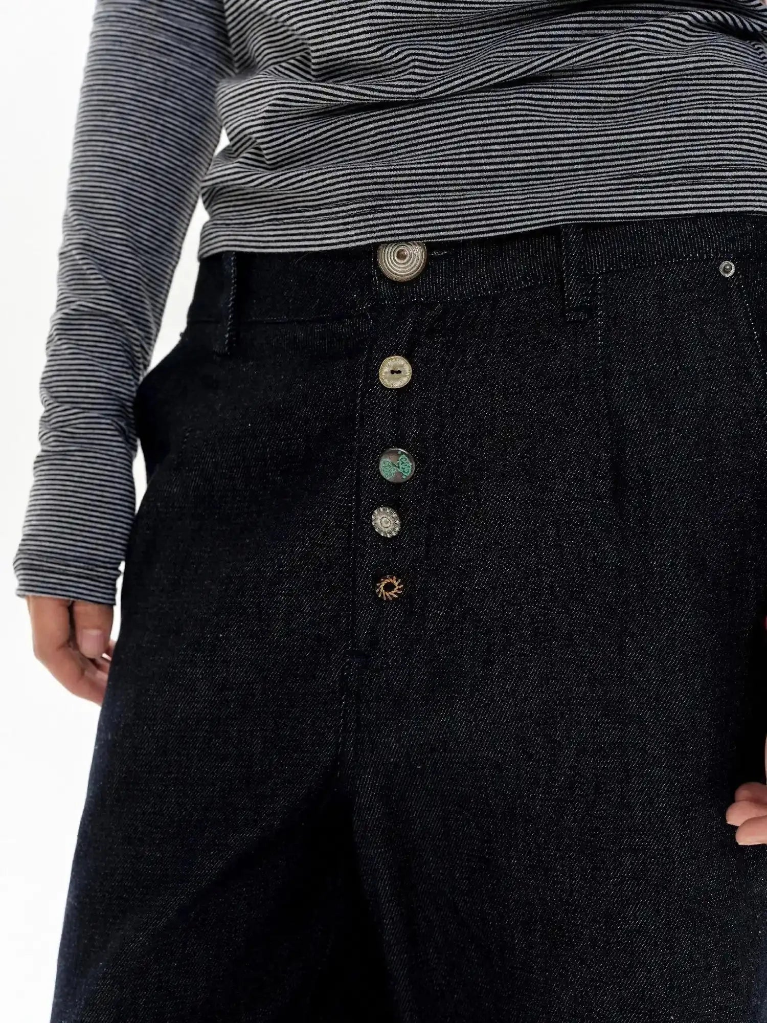 Denim Blue Ruffled Capri Pants With Playful Buttons