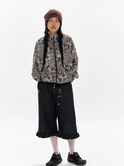 Denim Blue Ruffled Capri Pants With Playful Buttons