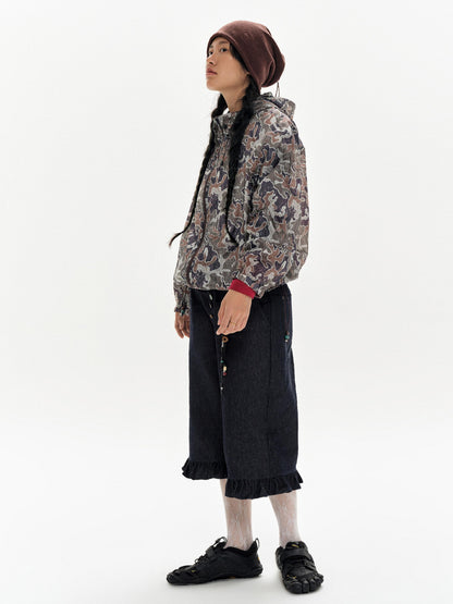 oinimi Denim Blue Ruffled Capri Pants With Playful Buttons