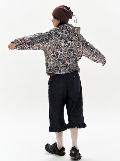 oinimi Denim Blue Ruffled Capri Pants With Playful Buttons