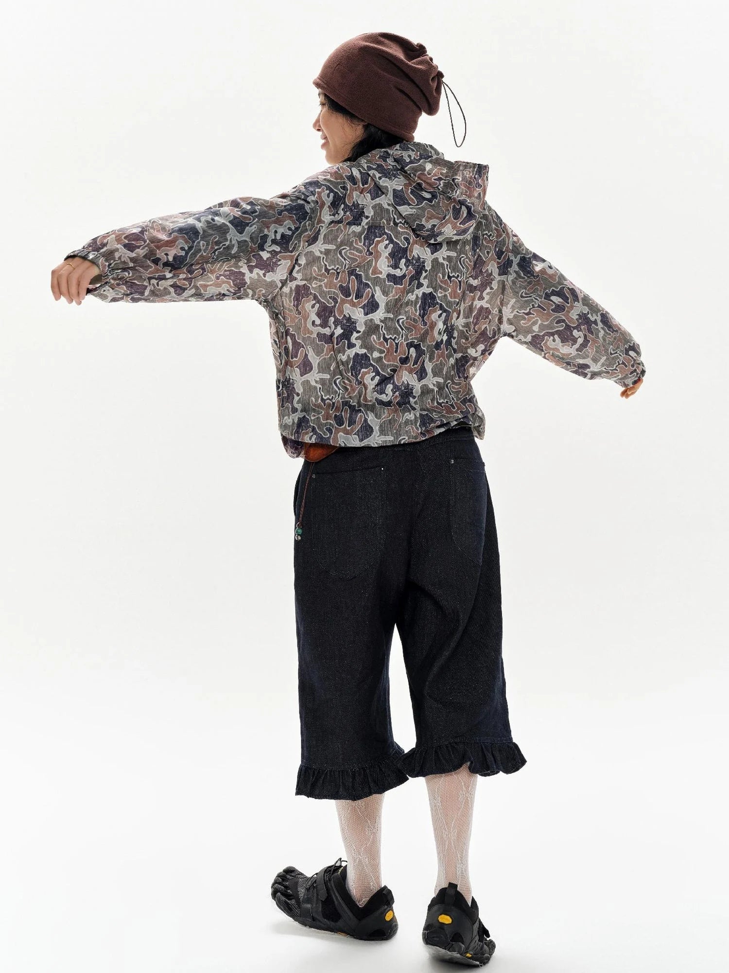 Denim Blue Ruffled Capri Pants With Playful Buttons