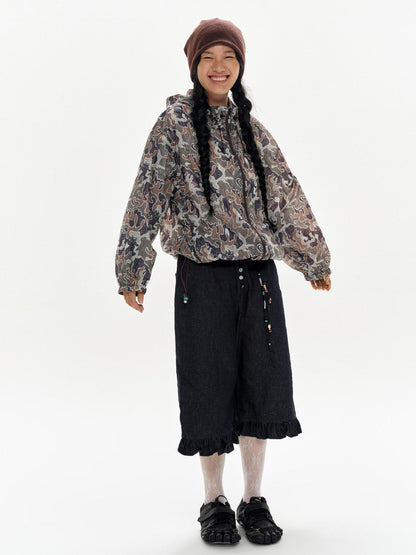 oinimi Denim Blue Ruffled Capri Pants With Playful Buttons