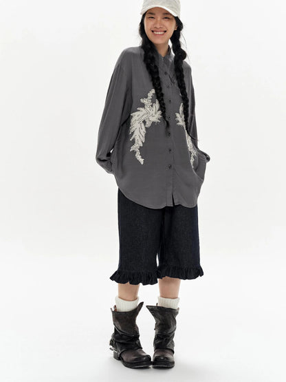 Denim Blue Ruffled Capri Pants With Playful Buttons