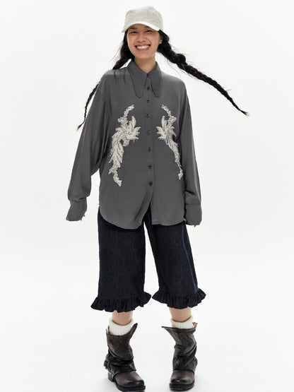 oinimi Denim Blue Ruffled Capri Pants With Playful Buttons