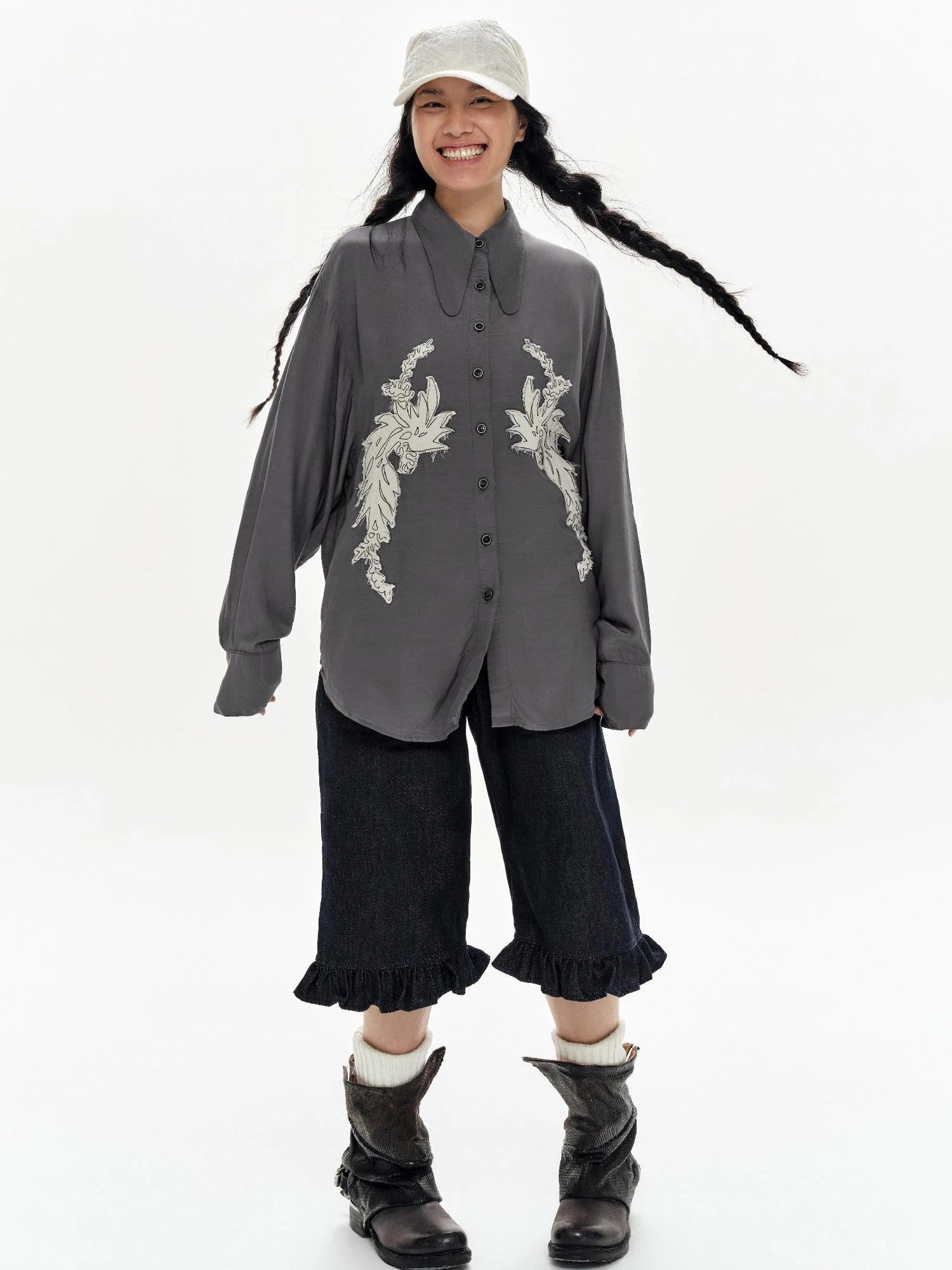 Denim Blue Ruffled Capri Pants With Playful Buttons