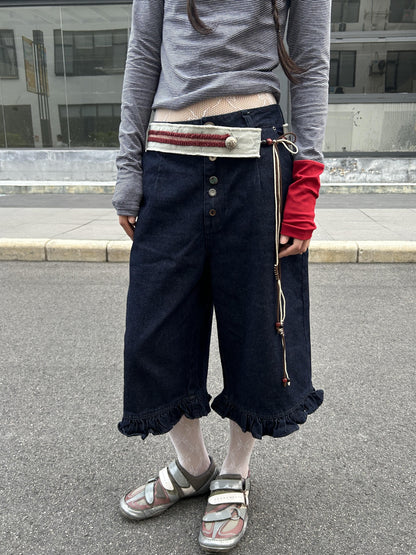 oinimi Denim Blue Ruffled Capri Pants With Playful Buttons