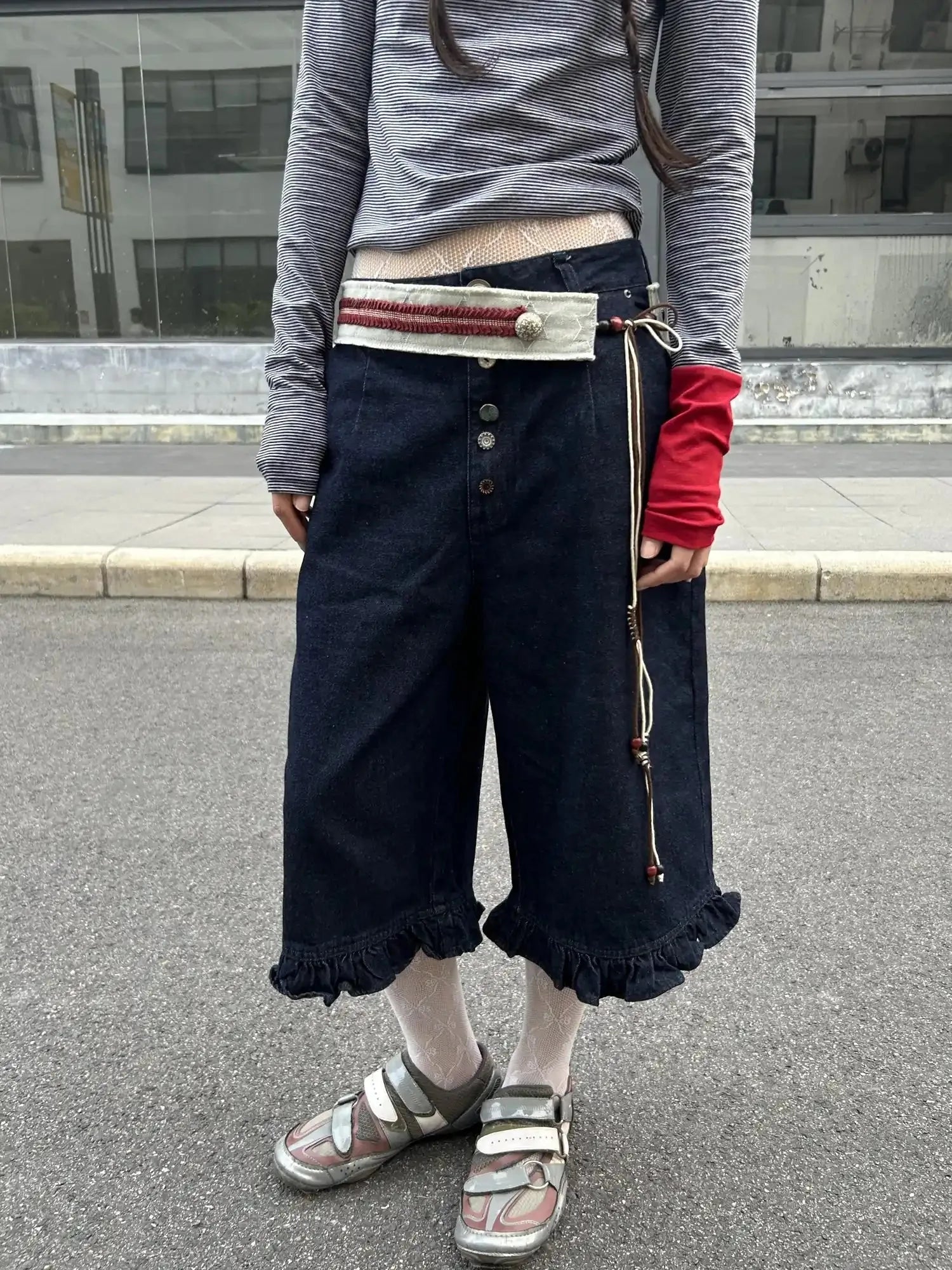 Denim Blue Ruffled Capri Pants With Playful Buttons