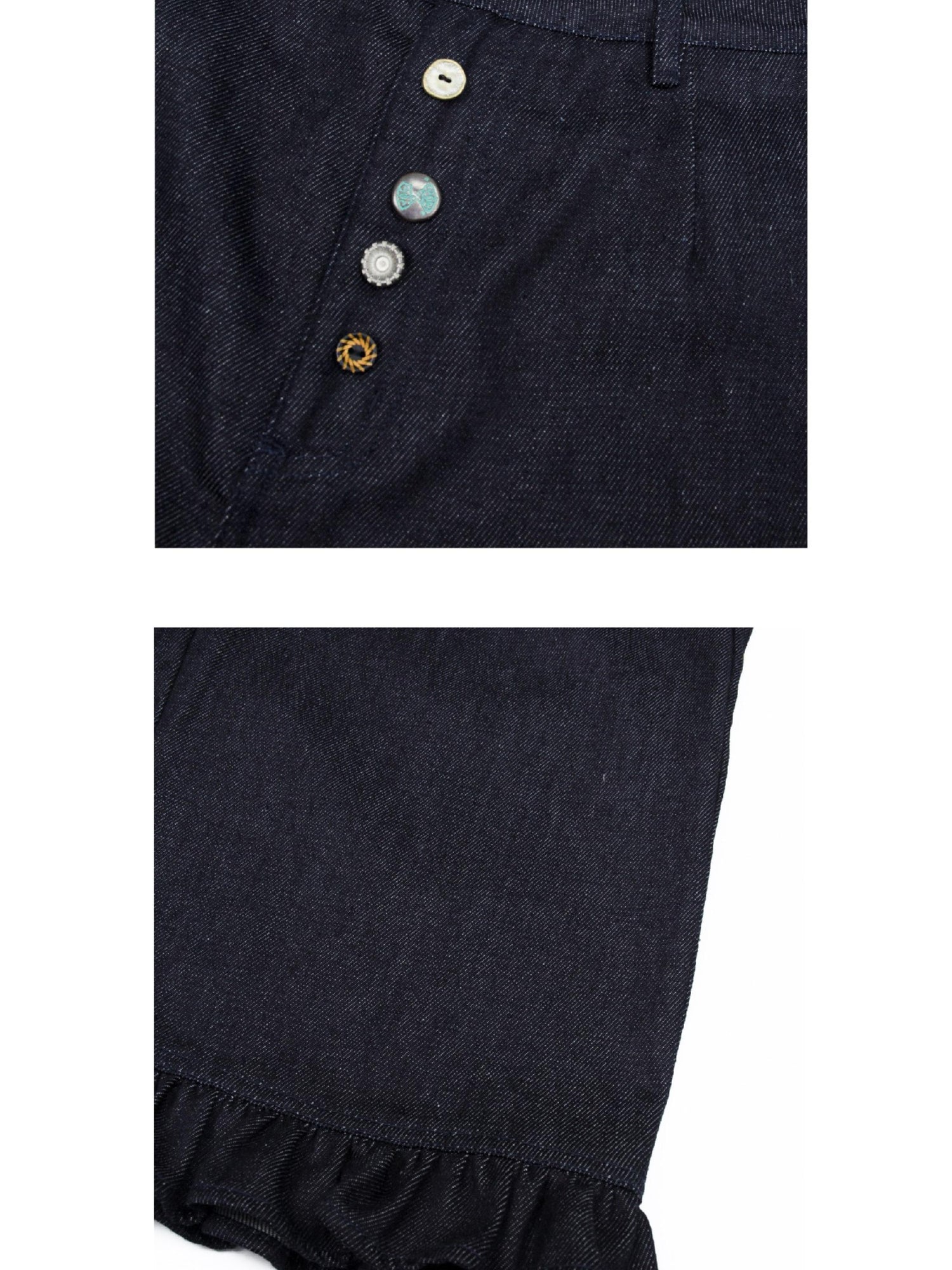 oinimi Denim Blue Ruffled Capri Pants With Playful Buttons