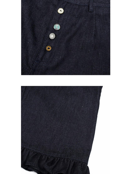 oinimi Denim Blue Ruffled Capri Pants With Playful Buttons