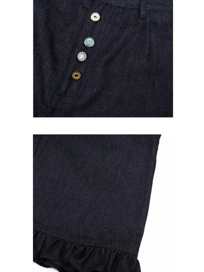 Denim Blue Ruffled Capri Pants With Playful Buttons