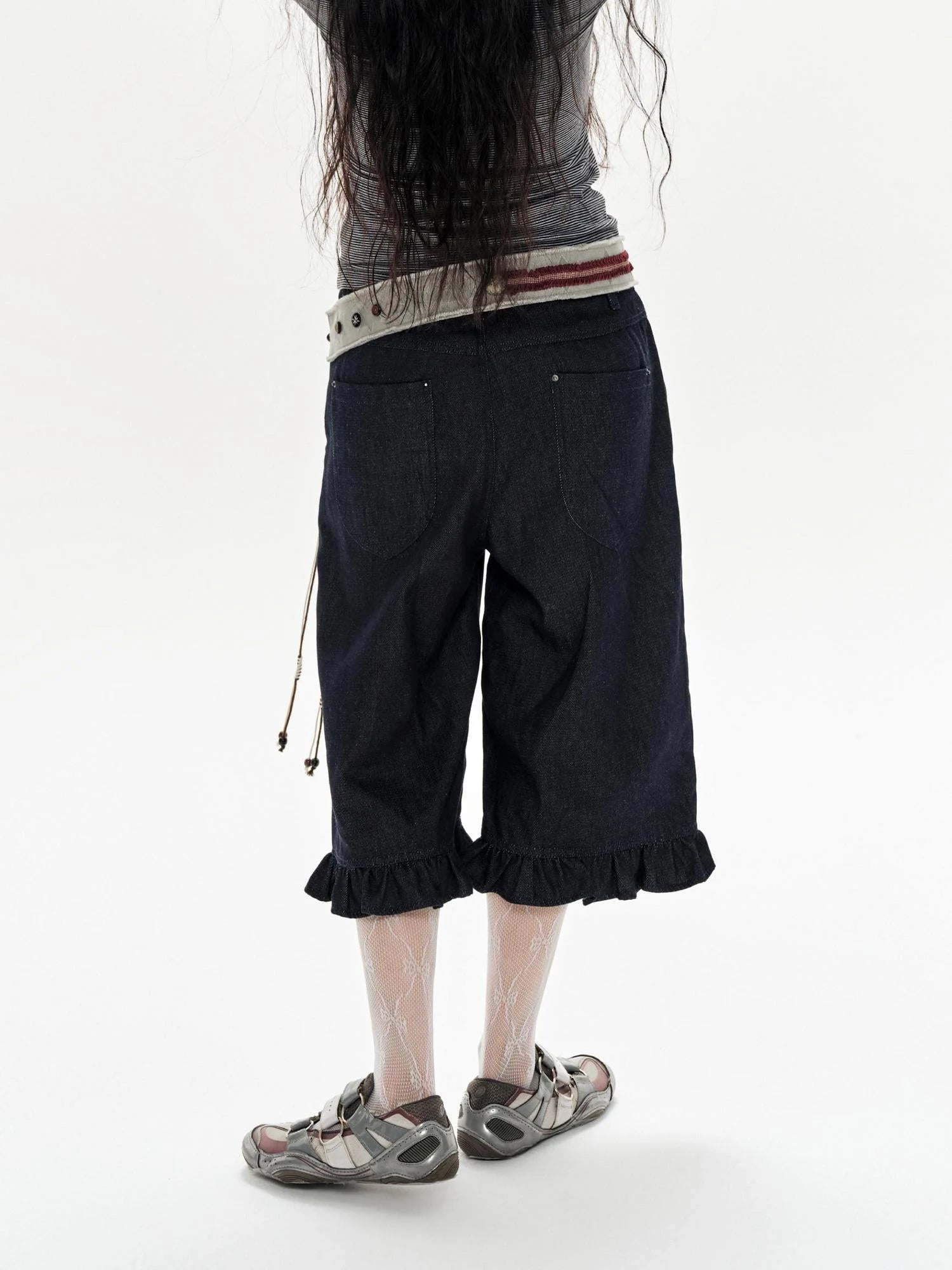 Denim Blue Ruffled Capri Pants With Playful Buttons