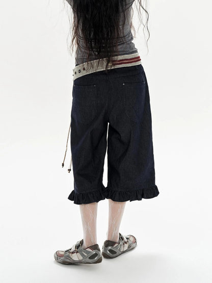 Denim Blue Ruffled Capri Pants With Playful Buttons