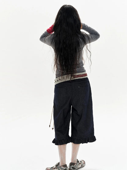 Denim Blue Ruffled Capri Pants With Playful Buttons