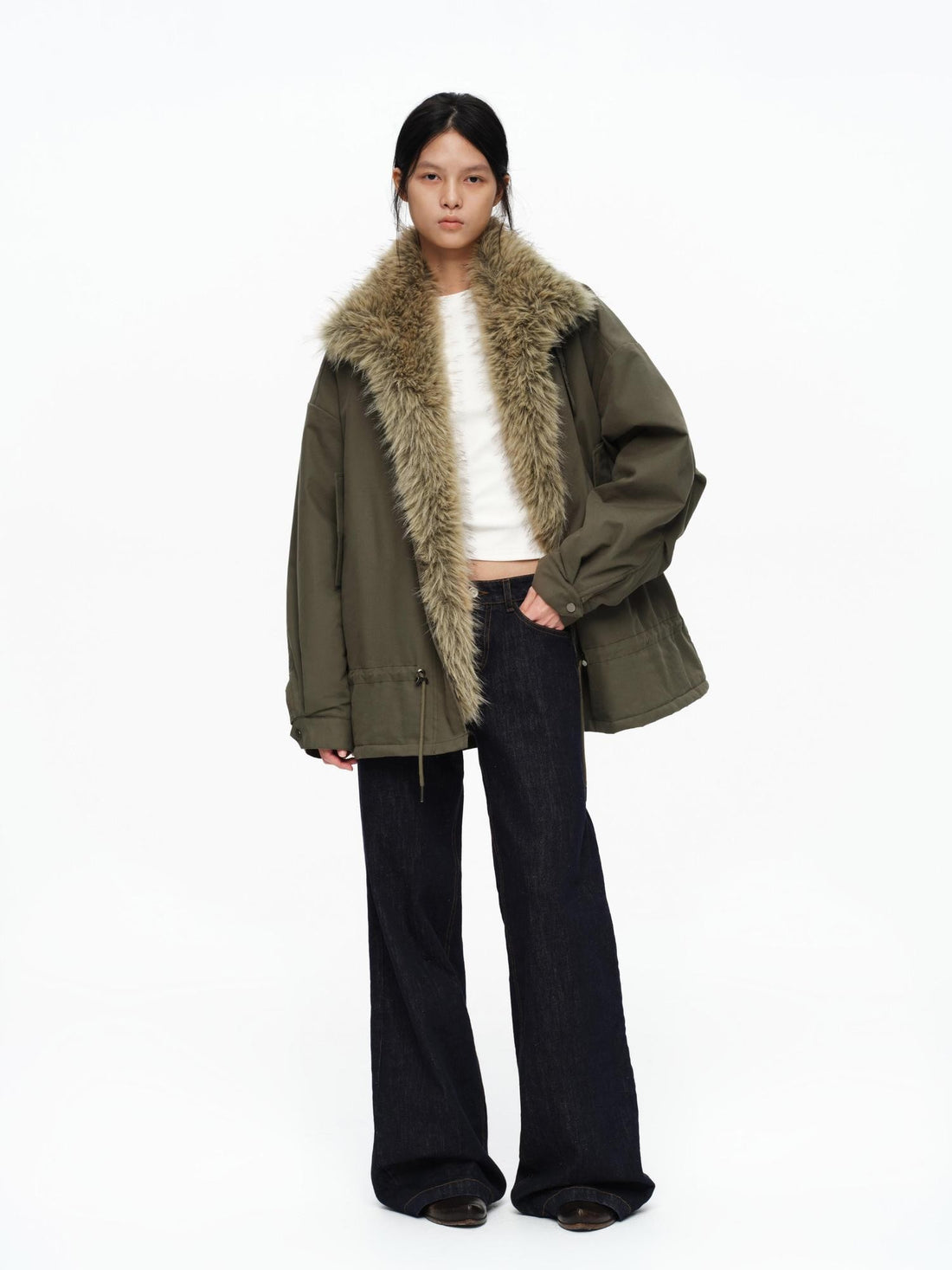 oinimi Detachable Fur Collar Drawstring Waist Utility Parka Women&