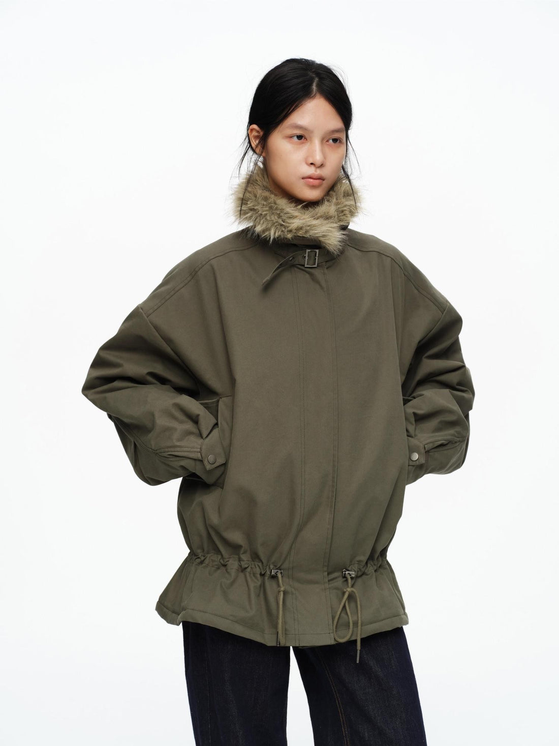 oinimi Detachable Fur Collar Drawstring Waist Utility Parka Women&