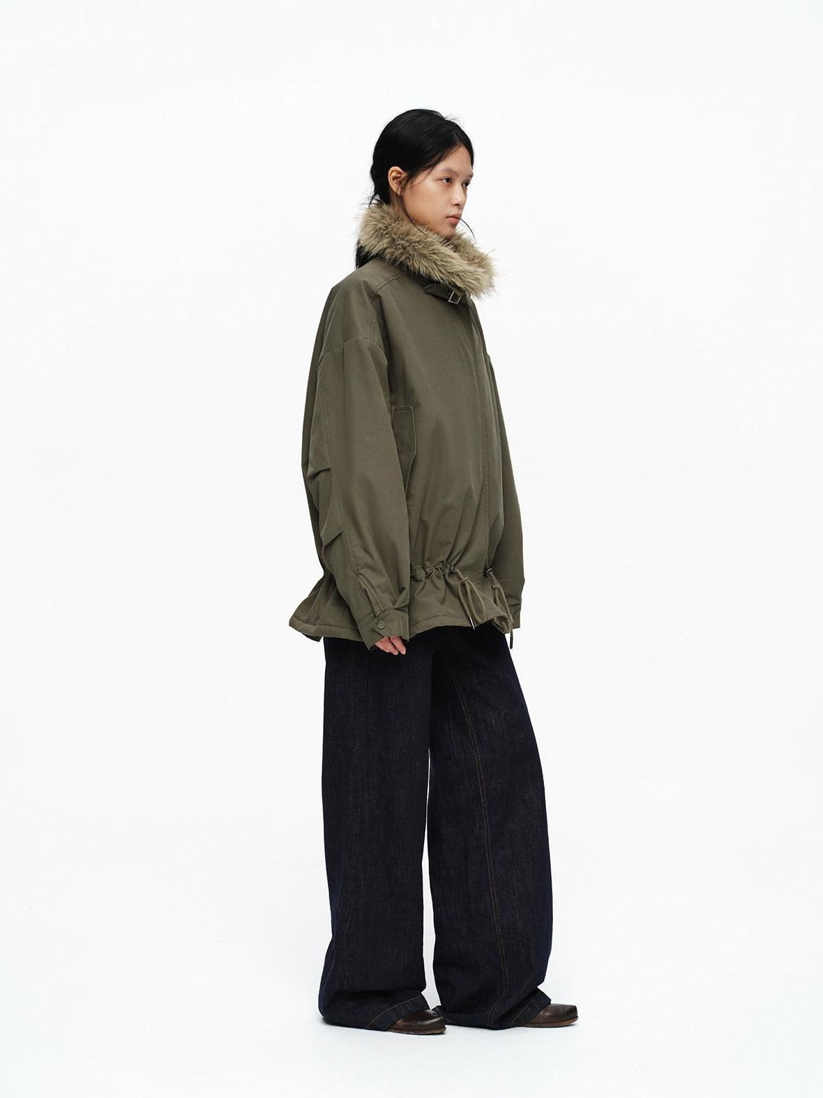 oinimi Detachable Fur Collar Drawstring Waist Utility Parka Women&