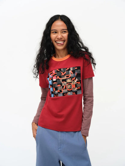 Distressed Mosaic Collar Long Sleeve Tee