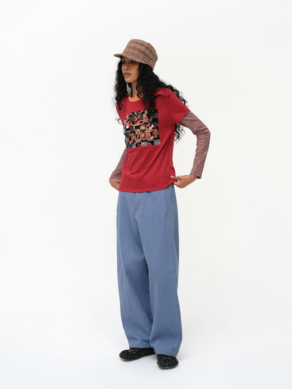 oinimi Distressed Mosaic Collar Long Sleeve Tee