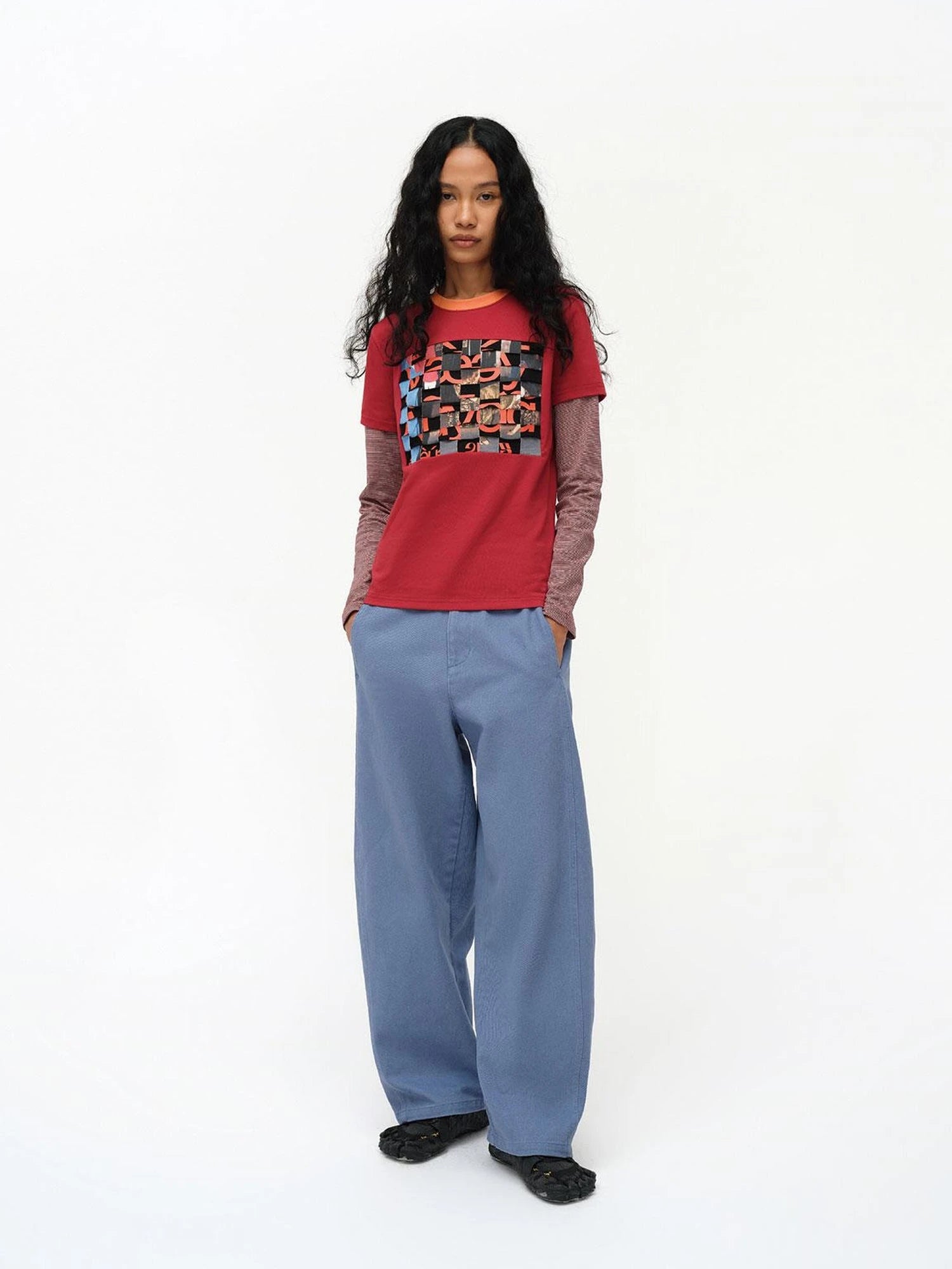 Distressed Mosaic Collar Long Sleeve Tee