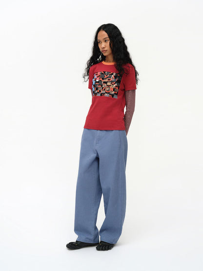 oinimi Distressed Mosaic Collar Long Sleeve Tee