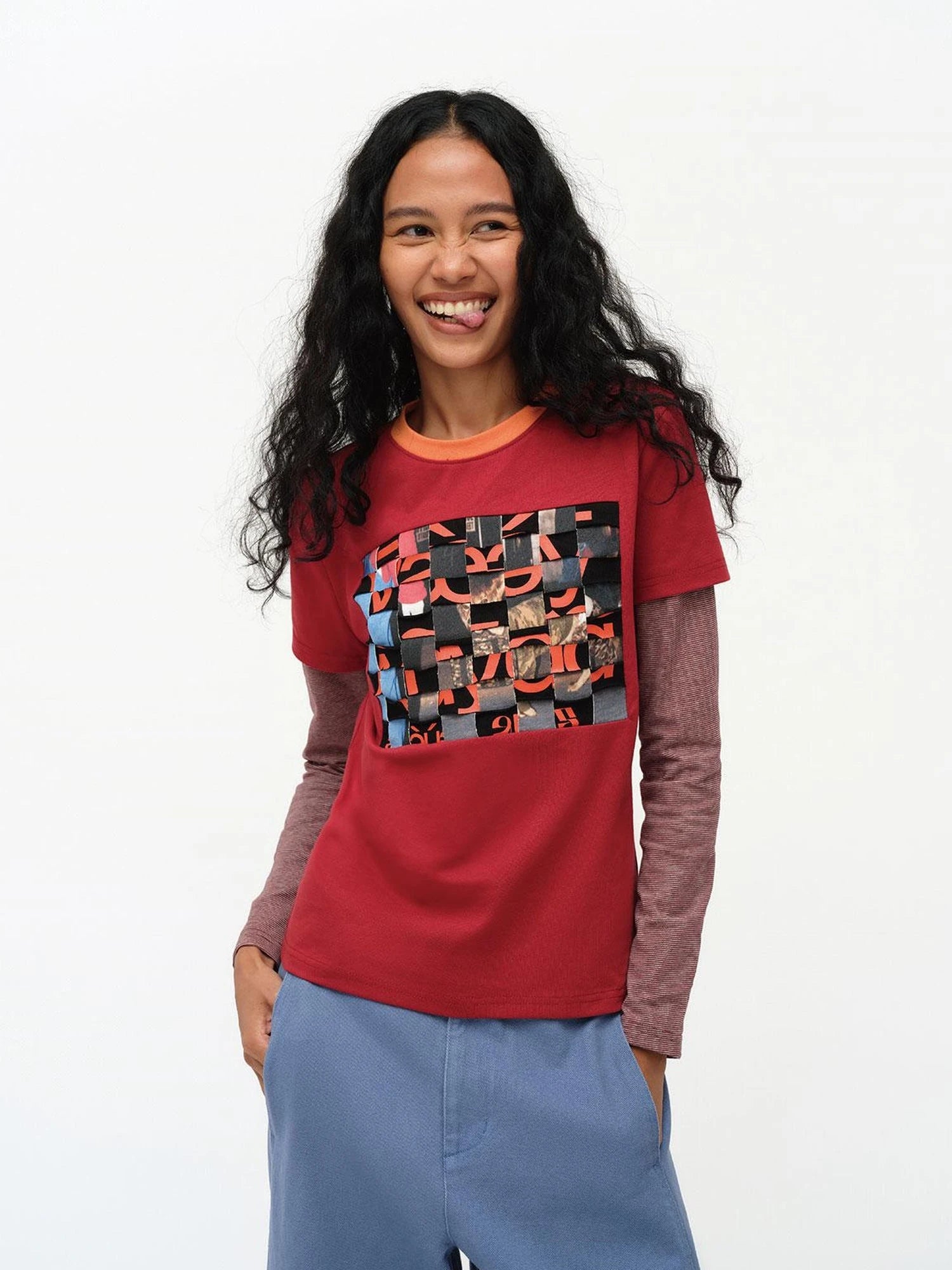 Distressed Mosaic Collar Long Sleeve Tee