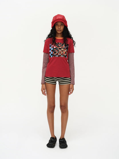 oinimi Distressed Mosaic Collar Long Sleeve Tee