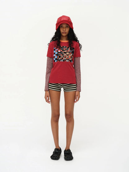 Distressed Mosaic Collar Long Sleeve Tee