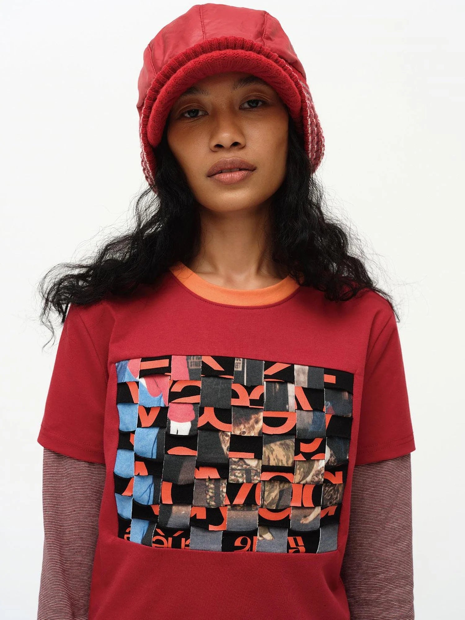 Distressed Mosaic Collar Long Sleeve Tee