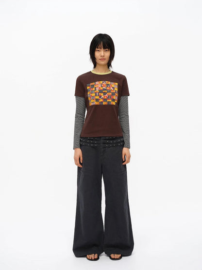 Distressed Mosaic Collar Long Sleeve Tee