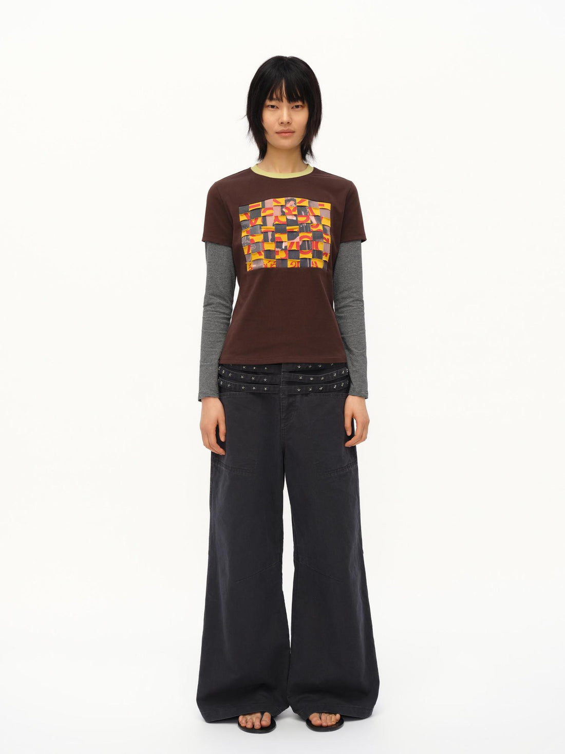 oinimi Distressed Mosaic Collar Long Sleeve Tee
