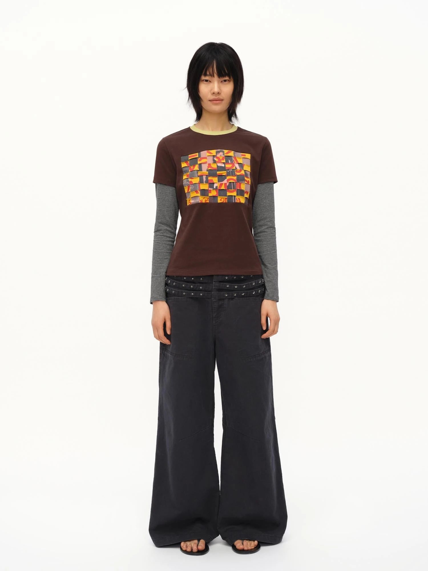 Distressed Mosaic Collar Long Sleeve Tee