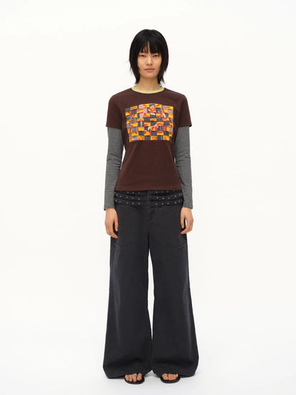 Distressed Mosaic Collar Long Sleeve Tee