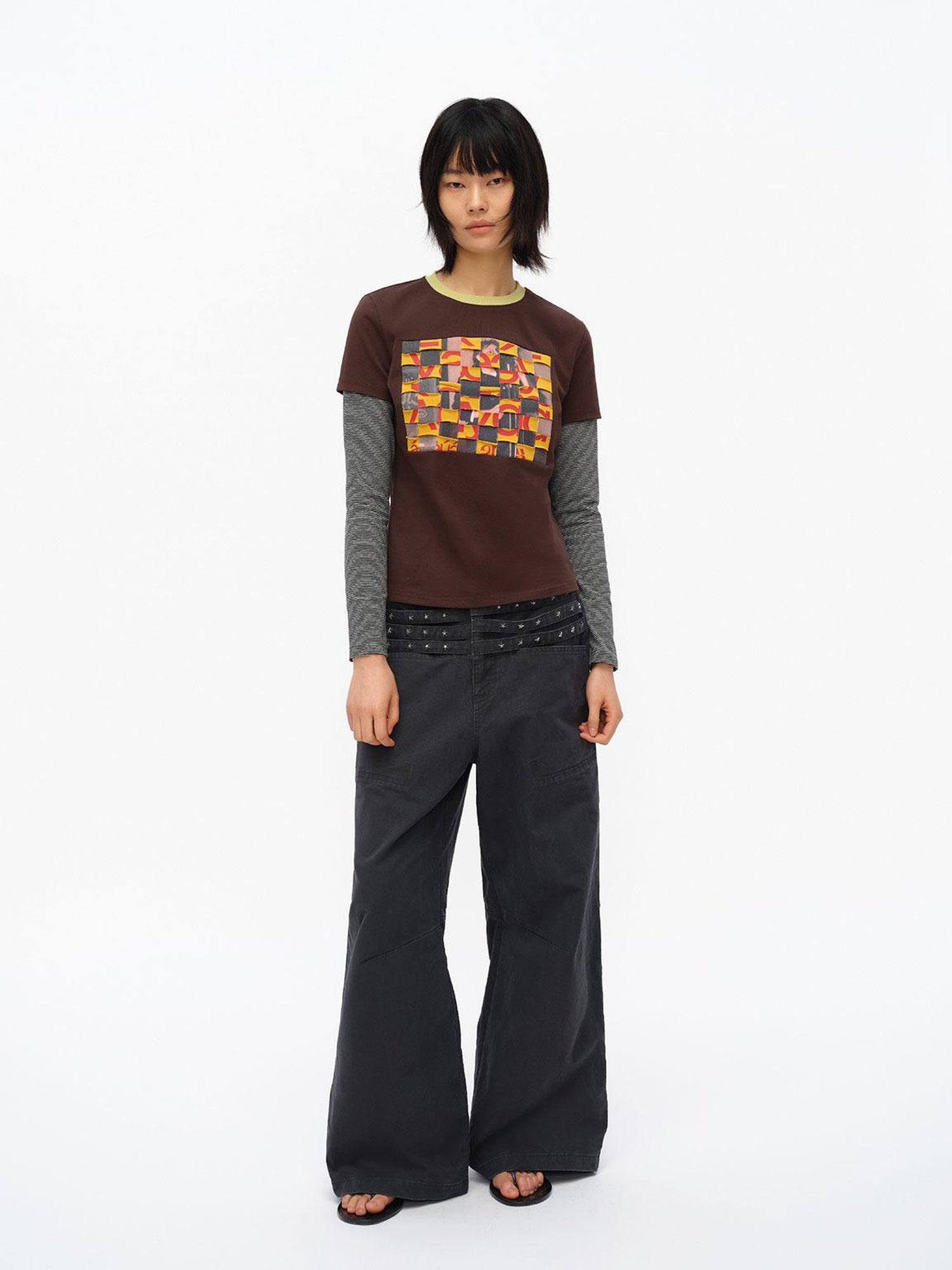 oinimi Distressed Mosaic Collar Long Sleeve Tee