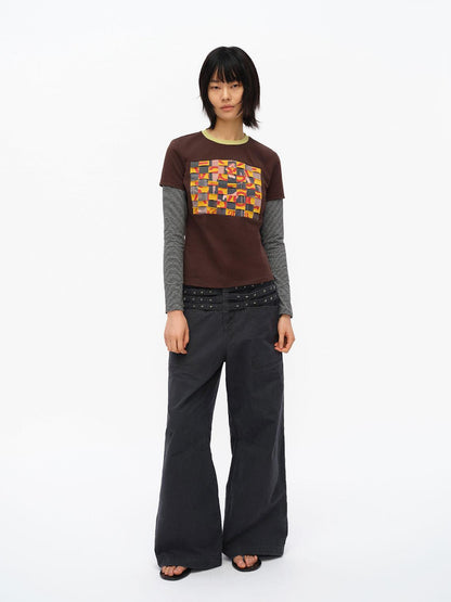 oinimi Distressed Mosaic Collar Long Sleeve Tee