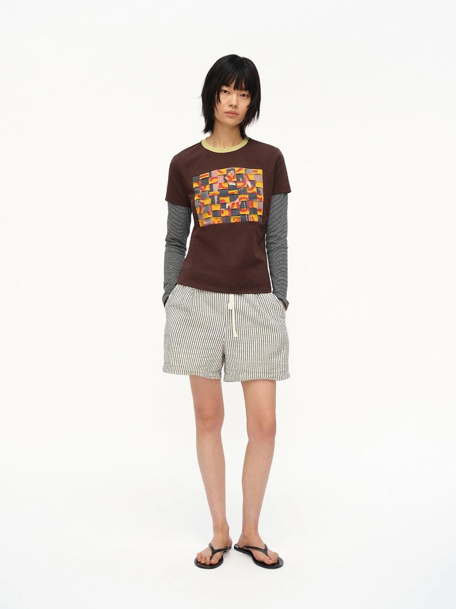 Distressed Mosaic Collar Long Sleeve Tee