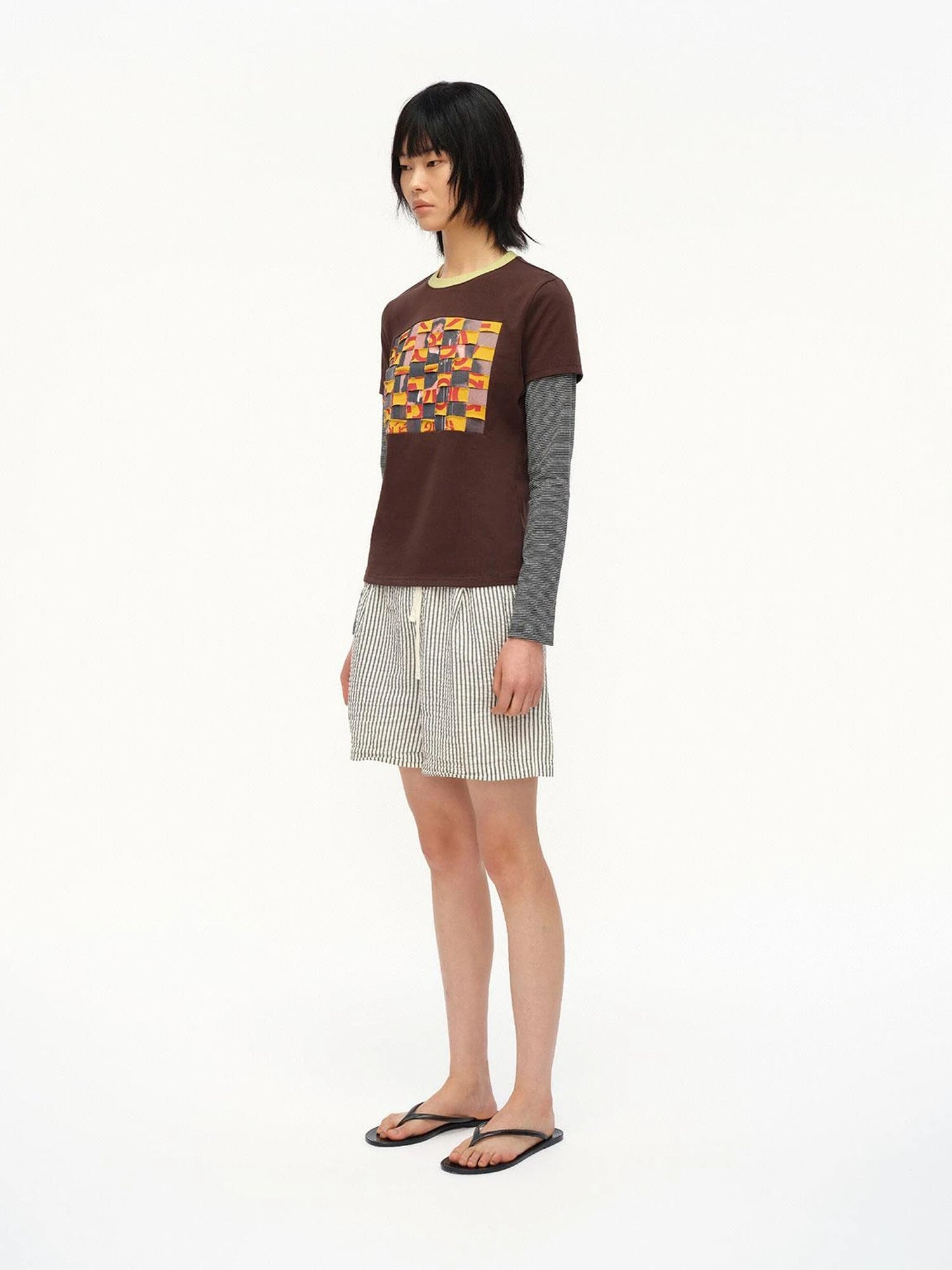 Distressed Mosaic Collar Long Sleeve Tee