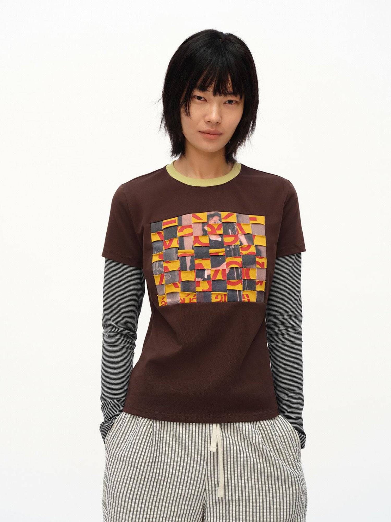 oinimi Distressed Mosaic Collar Long Sleeve Tee