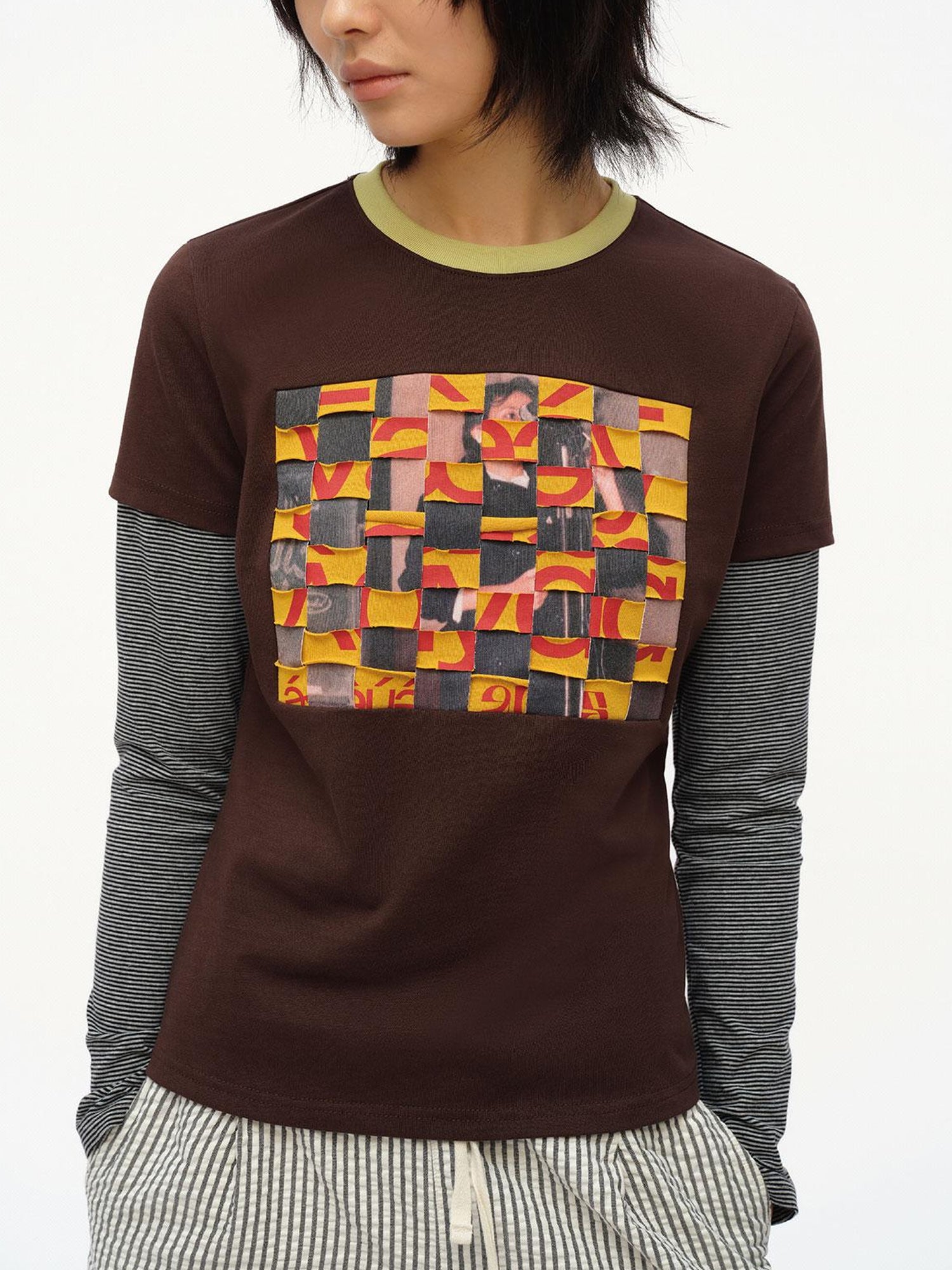oinimi Distressed Mosaic Collar Long Sleeve Tee