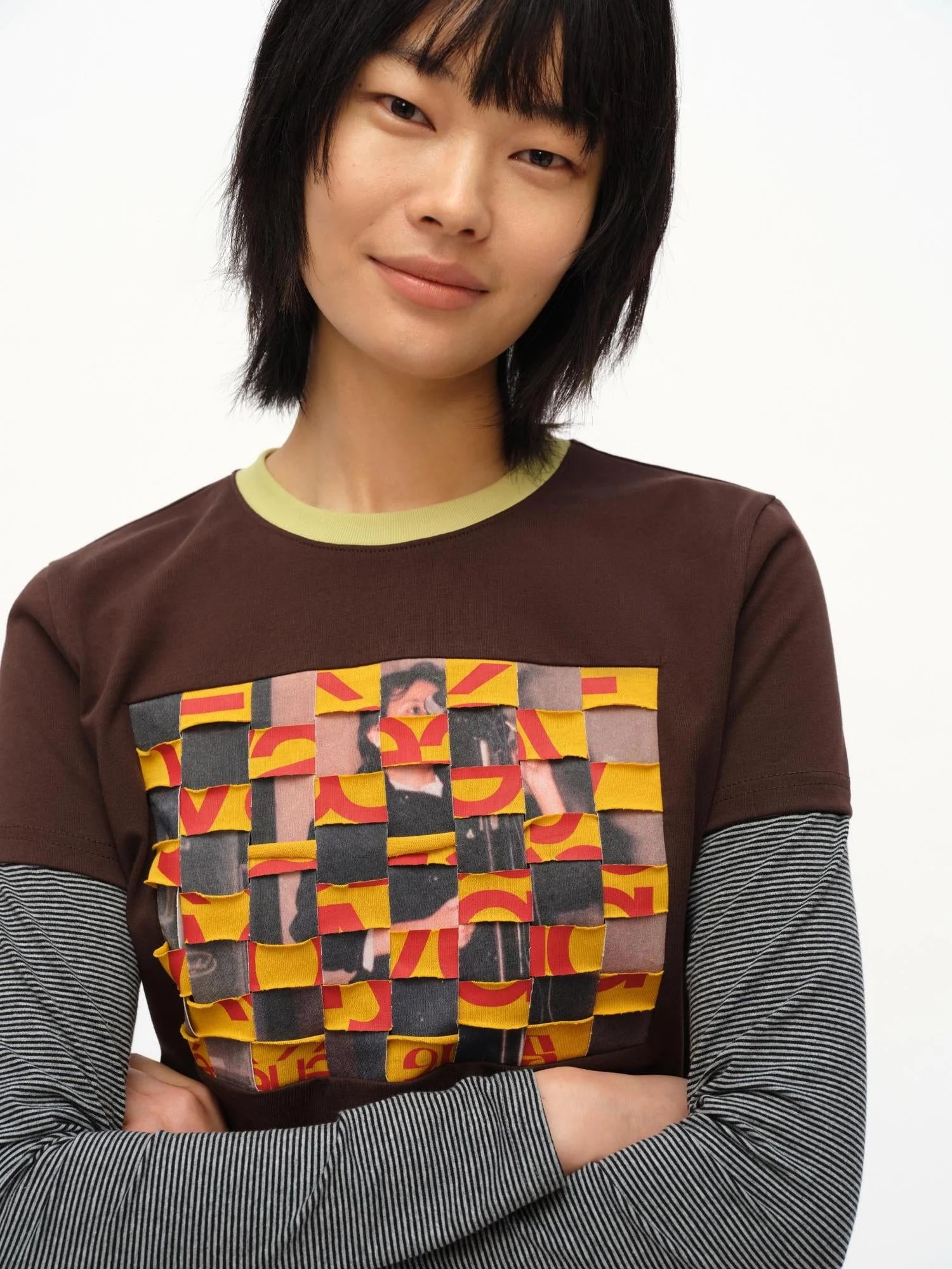 Distressed Mosaic Collar Long Sleeve Tee