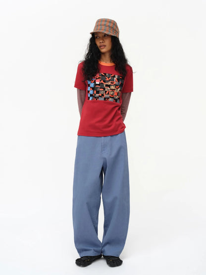 Distressed Mosaic Collar Long Sleeve Tee