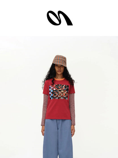 Distressed Mosaic Collar Long Sleeve Tee